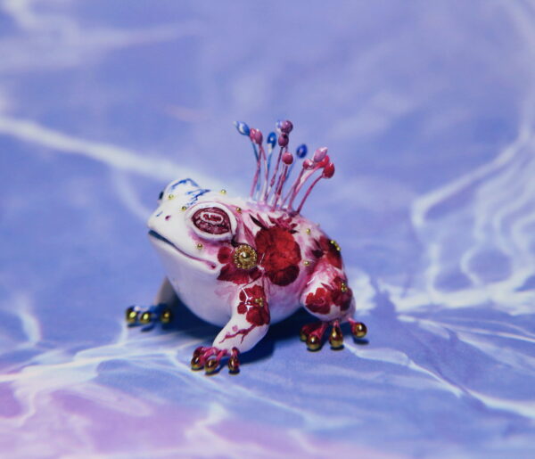 China Red and Blue Toad Polymer Clay Figurine OOAK