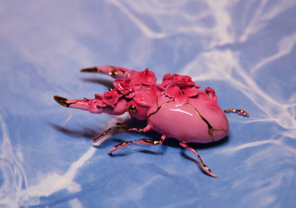 Pink Florals the Beetle Polymer Clay Figurine OOAK